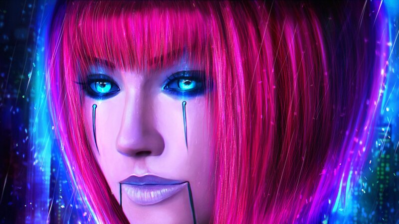Woman with Pink Hair — Dramatic, Night, Digital Art, Blue Eyes