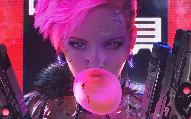 Woman with Pink Hair — Dramatic, Night, Digital Art, Bubble Gum