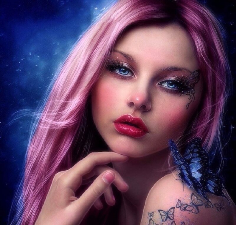 Woman with Pink Hair — Dramatic, Night, Digital Art, Butterfly