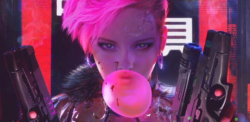 Woman with Pink Hair — Dramatic, Night, Digital Art, Guns