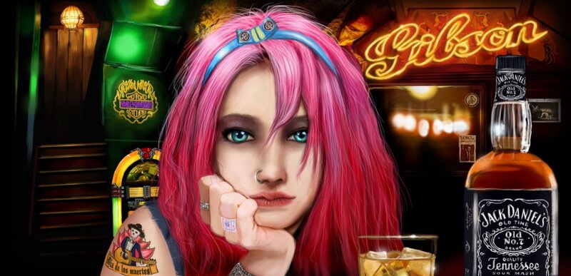 Woman with Pink Hair — Dramatic, Night, Digital Art, Jack Daniel's Bottle
