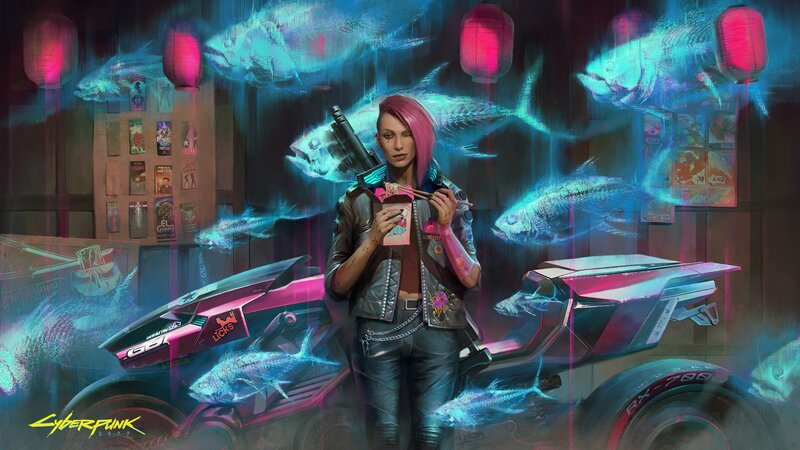 Woman with Pink Hair — Dramatic, Night, Digital Art, Motorcycle