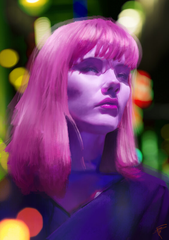 Woman with Pink Hair — Dramatic, Night, Digital Art, Neon Lights