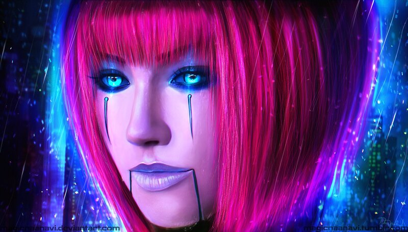 Woman with Pink Hair — Dramatic, Night, Digital Art, Tears