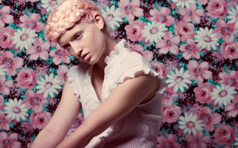Woman with Pink Hair — Dramatic, Photograph, Flower Pattern