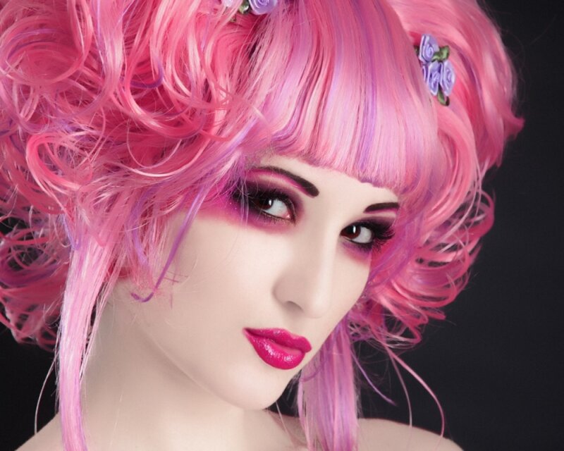 Woman with Pink Hair — Dramatic, Photograph, Flowers