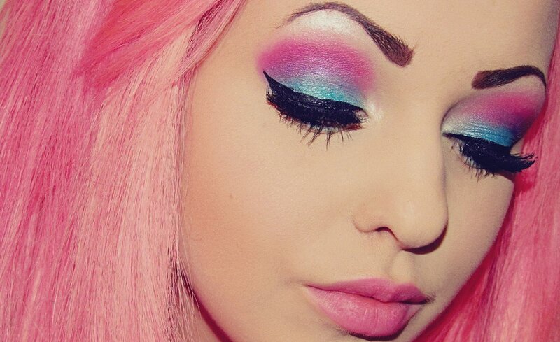 Woman with Pink Hair — Dramatic, Photograph, Makeup, Eyelashes, Blue