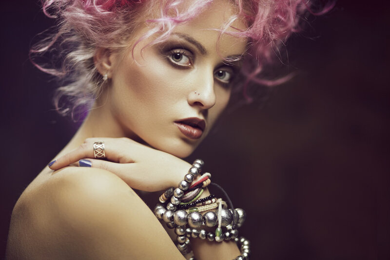 Woman with Pink Hair — Dramatic, Photograph, Makeup, Jewelry