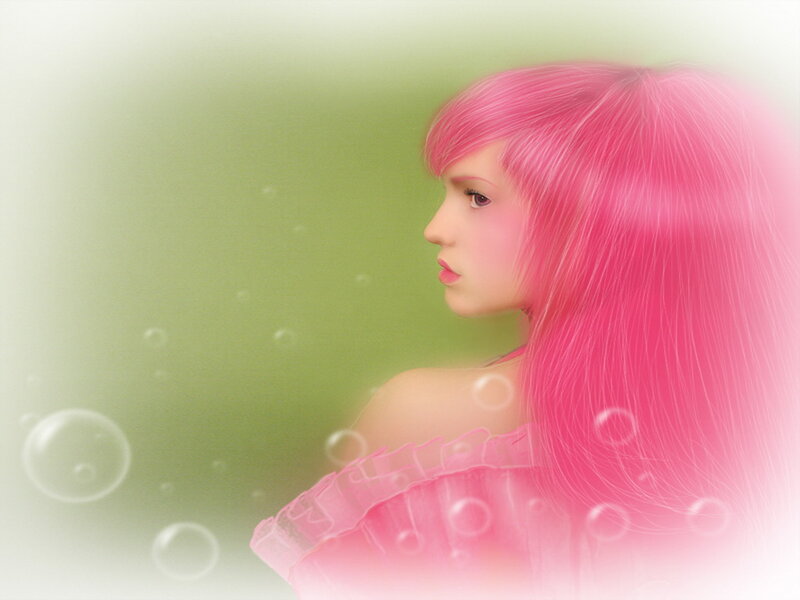 Woman with Pink Hair — Dreamy, Digital Art, Bubbles