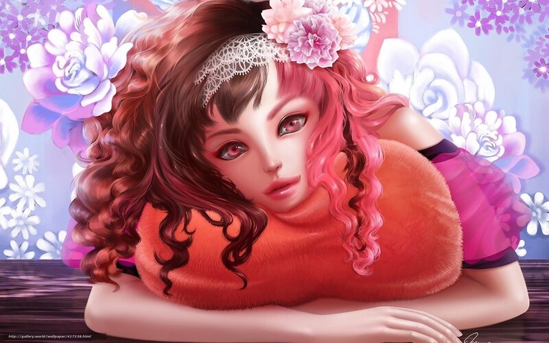 Woman with Pink Hair — Dreamy, Digital Art, Flowers, Lace Headband