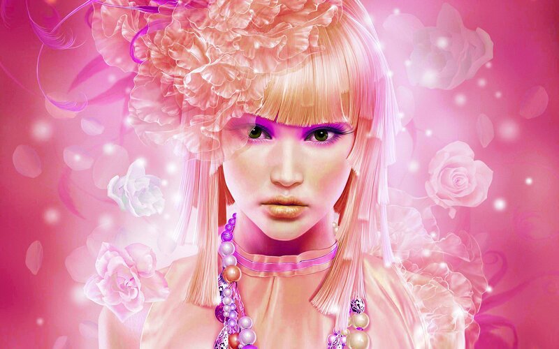 Woman with Pink Hair — Dreamy, Digital Art, Flowers, Roses