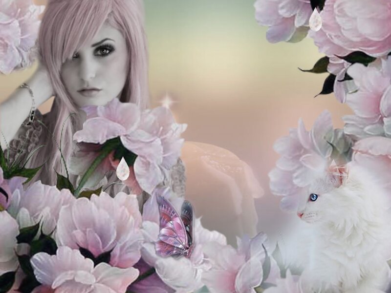 Woman with Pink Hair — Dreamy, Digital Art, Flowers