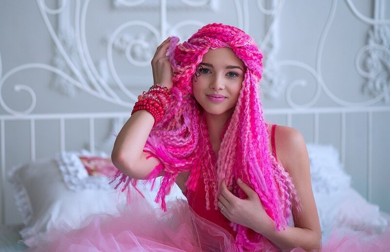 Woman with Pink Hair — Dreamy, Photograph, Bed