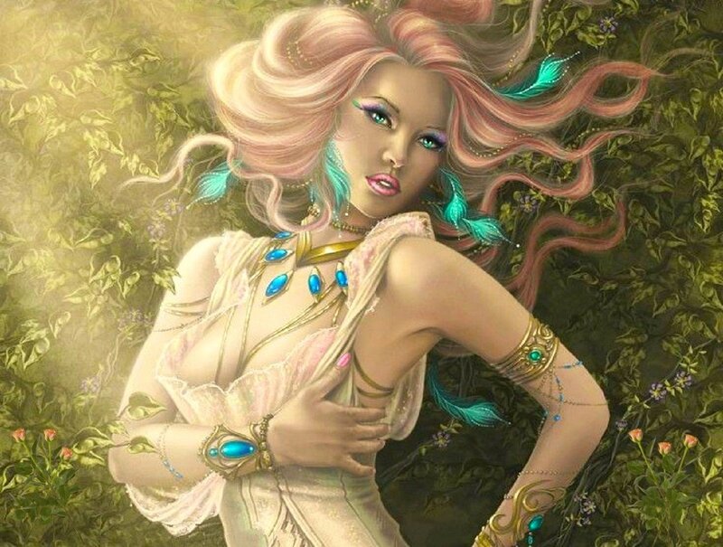 Woman with Pink Hair — Green, Serene, Digital Art