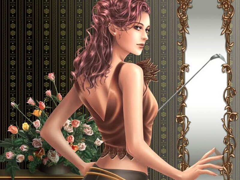 woman with pink hair in elegant room