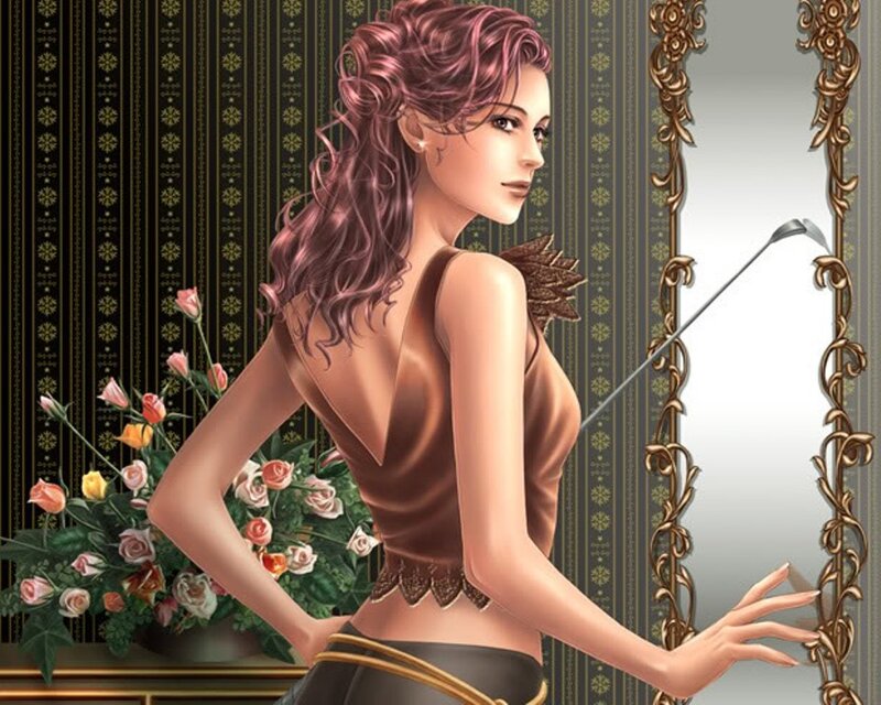 woman with pink hair in elegant room