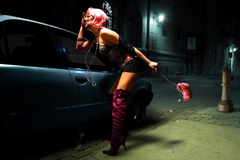 woman with pink hair on street