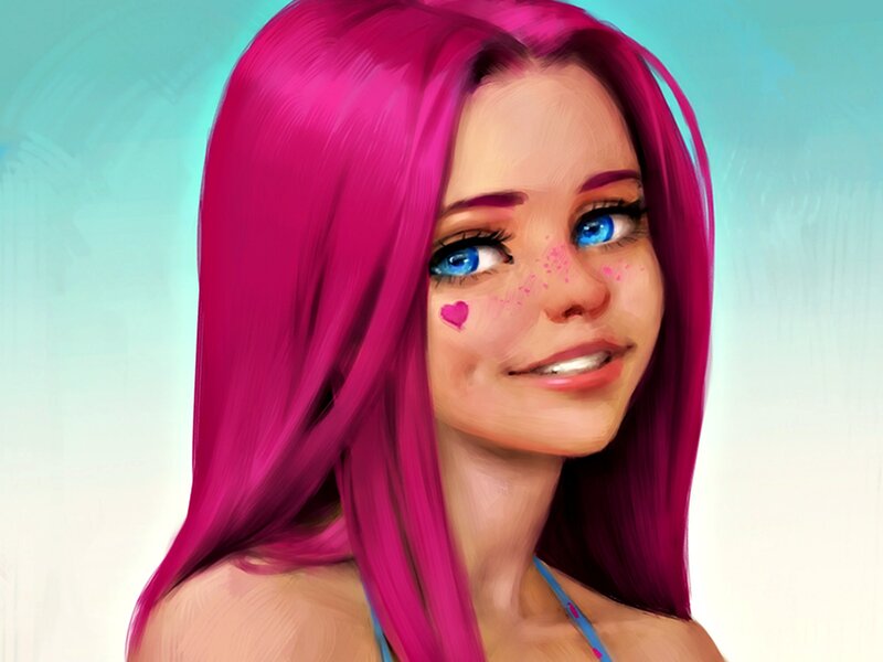 Woman with Pink Hair — Playful, Digital Art