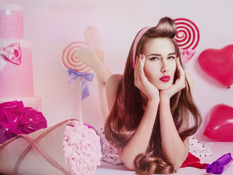 Woman with Pink Hair — Playful, Photograph, Lollipops