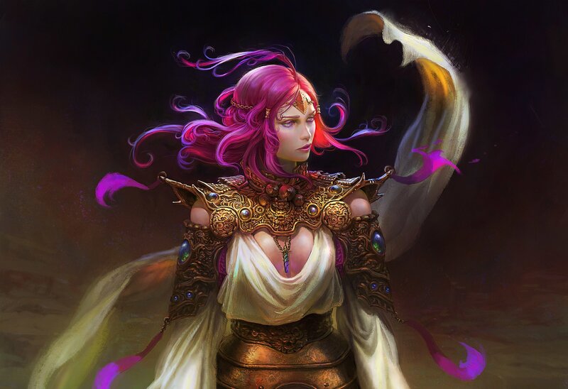Woman with Pink Hair — Purple, Dramatic, Digital Art, Armor