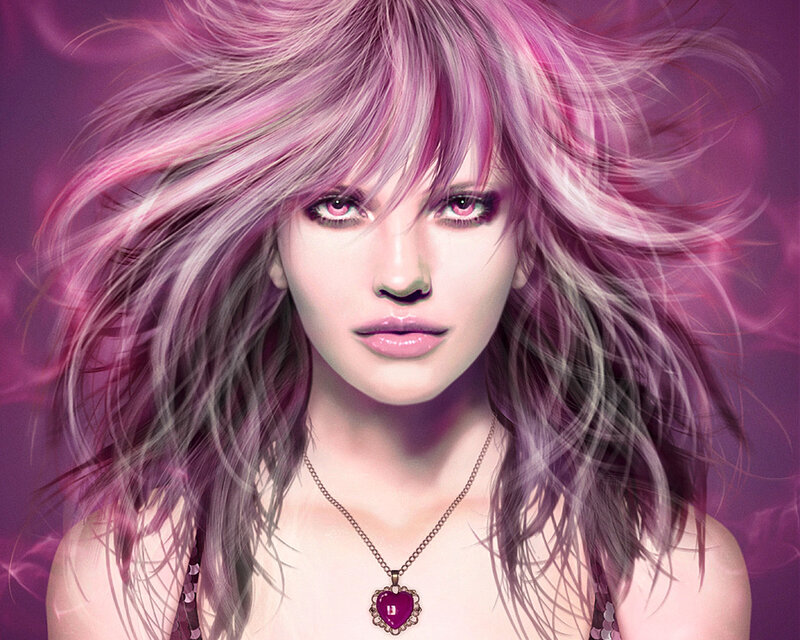 Woman with Pink Hair — Purple, Dramatic, Digital Art, Necklace