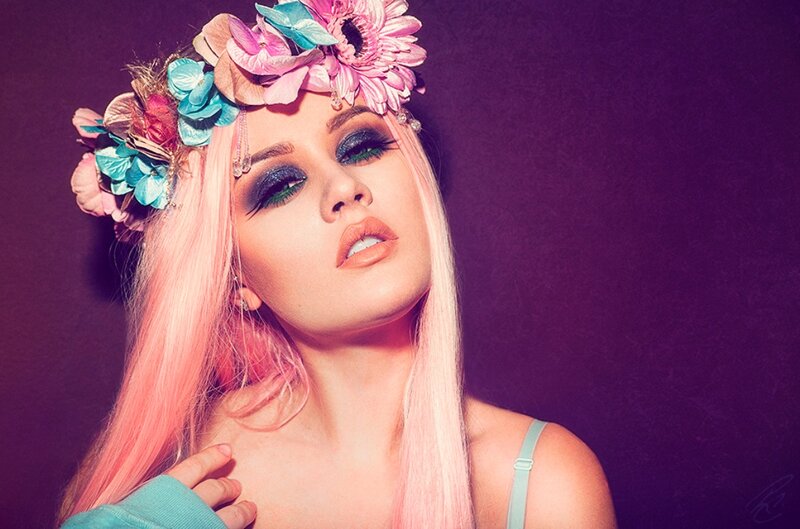 Woman with Pink Hair — Purple, Dramatic, Photograph