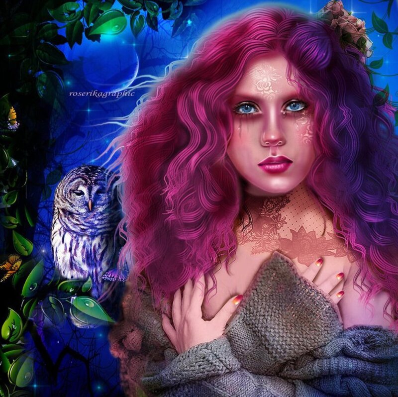 Woman with Pink Hair — Purple, Mystical, Night