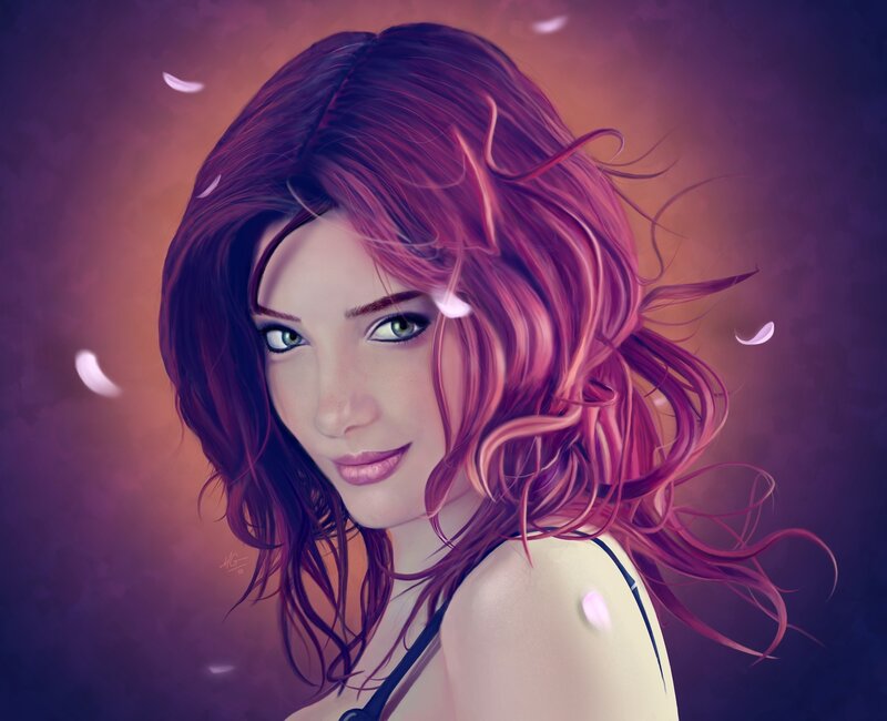 Woman with Pink Hair — Purple, Serene, Digital Art, Petals, Shoulder