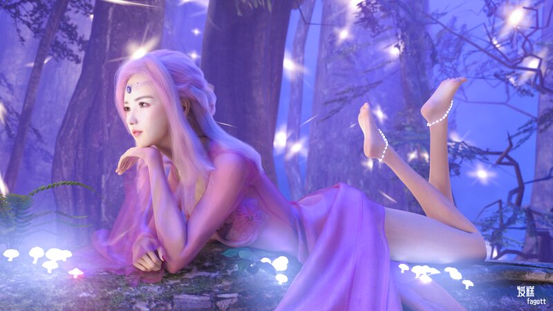 Woman with Pink Hair — Purple, Serene, Night, 3d Render