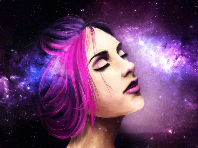 Woman with Pink Hair — Purple, Serene, Night, Digital Art