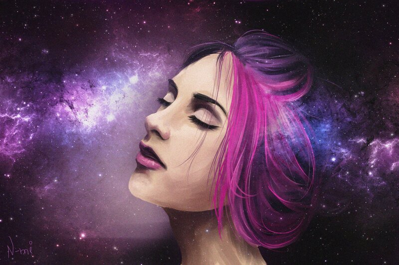 Woman with Pink Hair — Purple, Serene, Night
