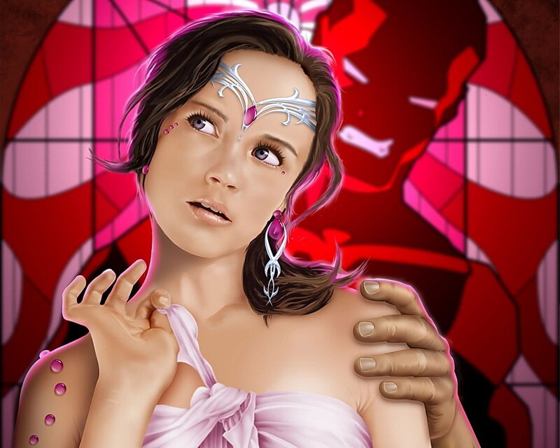 Woman with Pink Hair — Red, Dramatic, Digital Art, Stained Glass