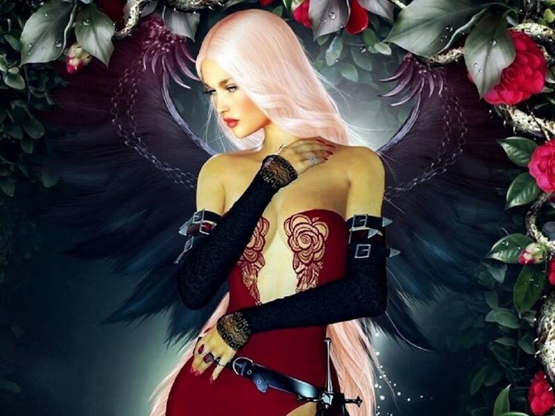 Woman with Pink Hair — Red, Dramatic, Digital Art, Wings