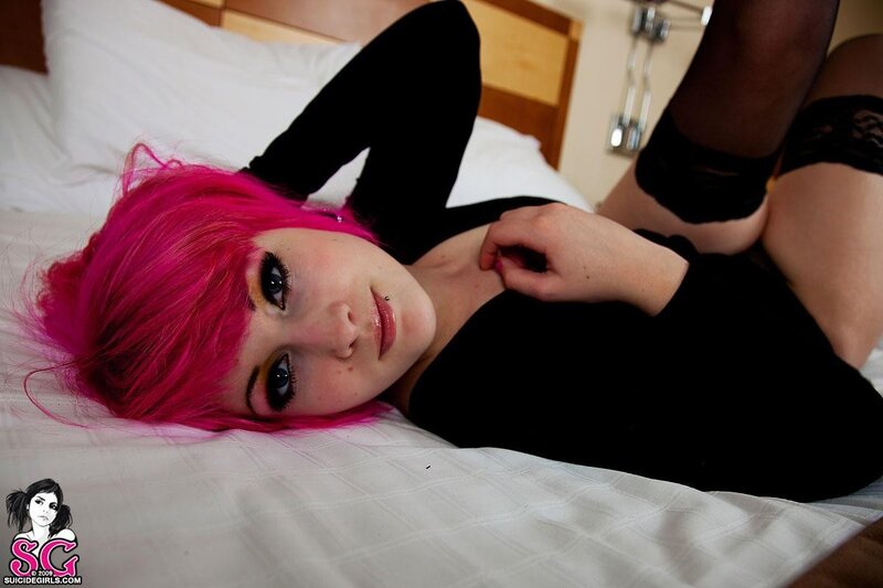 Woman with Pink Hair — Seductive, Photograph, Bed