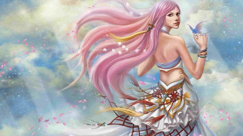 Woman with Pink Hair — Serene, Digital Art, Butterfly, Petals