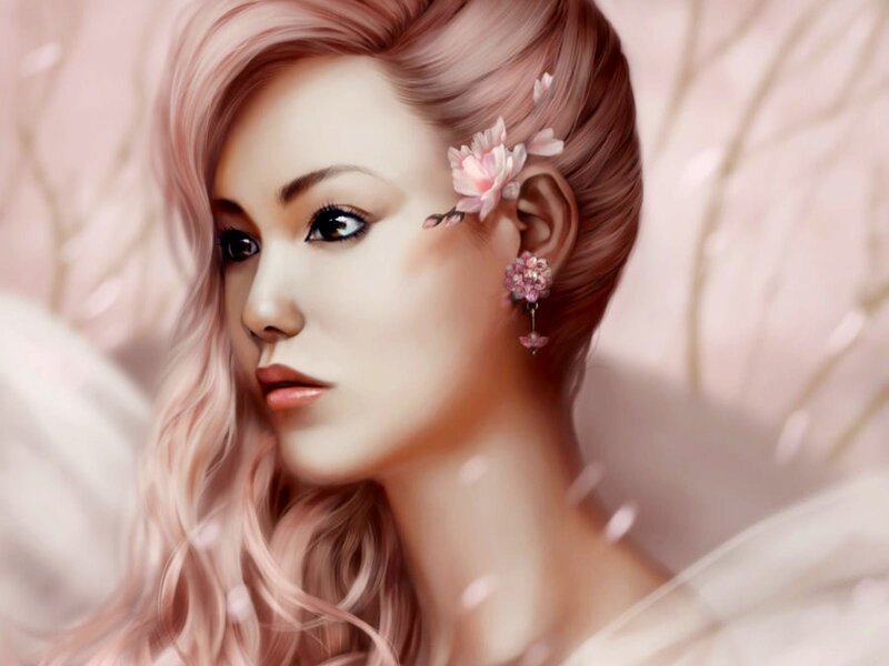 Woman with Pink Hair — Serene, Spring, Digital Art, Flowers