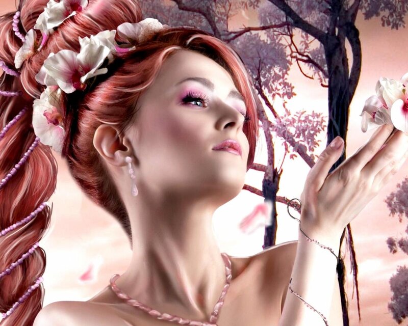 Woman with Pink Hair — Serene, Spring, Digital Art, Flowers, Tree