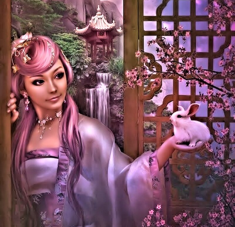 Woman with Pink Hair — Serene, Spring, Digital Art, Rabbit