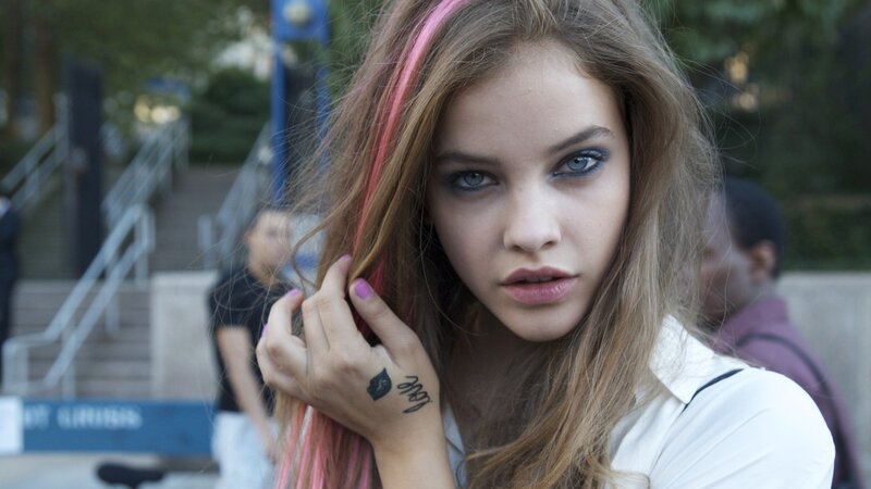 Woman with Pink Hair Streak — Brown, Serious, Afternoon, Photograph, Tattoo