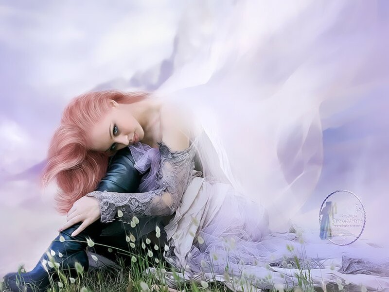 Woman with Pink Hair — White, Dreamy