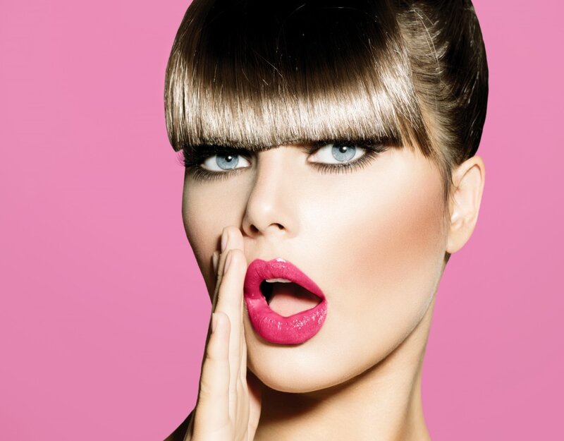 Woman with Pink Lipstick — Dramatic, Photograph, Bangs
