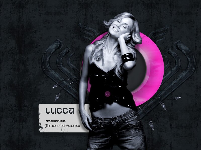 Woman with pink record graphic