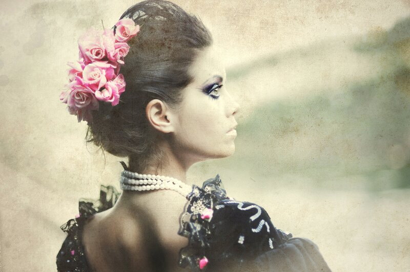Woman with Pink Roses — Dramatic, Photograph, Pearl Necklace