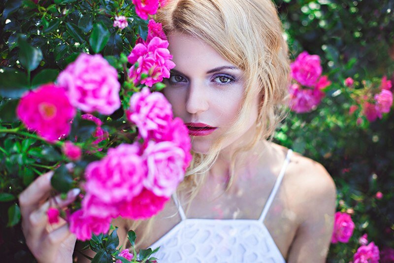 Woman with Pink Roses — Serene, Afternoon, Photograph, Greenery
