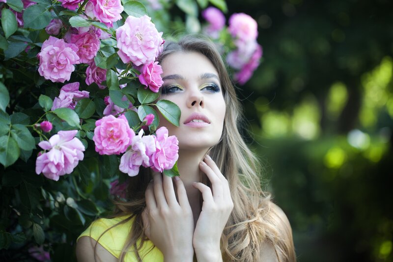 Woman with Pink Roses — Serene, Afternoon, Photograph