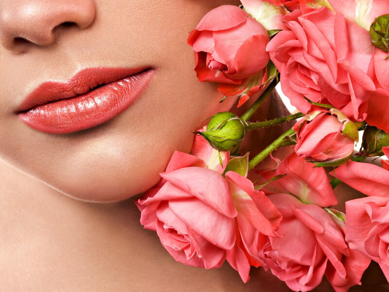Woman with Pink Roses — Serene, Photograph, Lips, Face