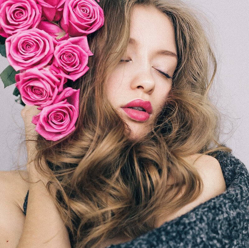 Woman with Pink Roses — Serene, Photograph, Sweater