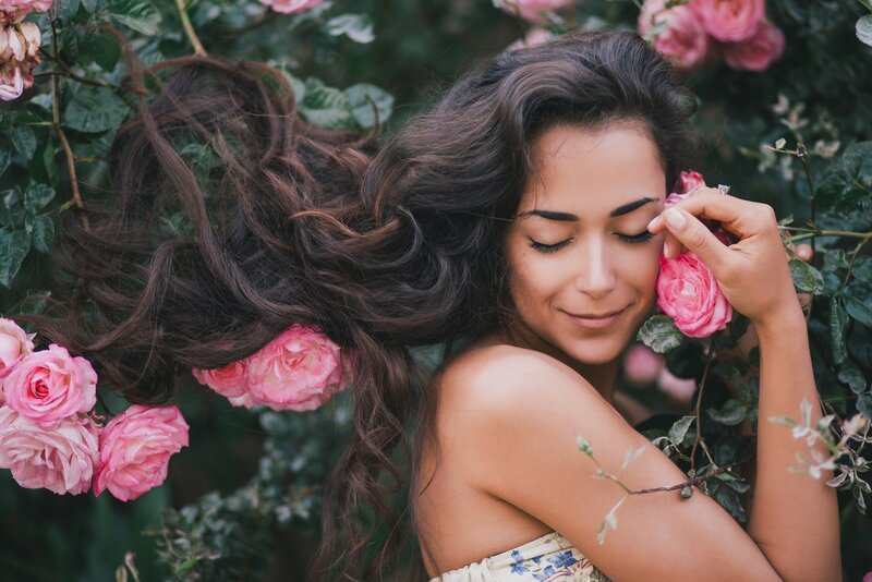 Woman with Pink Roses — Serene, Spring