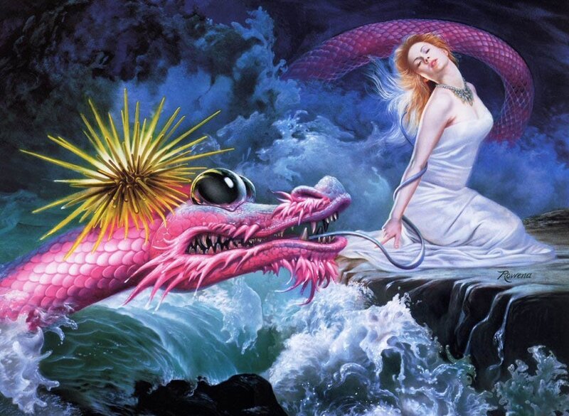 woman with pink sea dragon