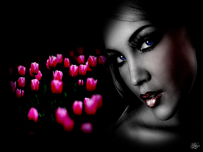 Woman with Pink Tulips — Black